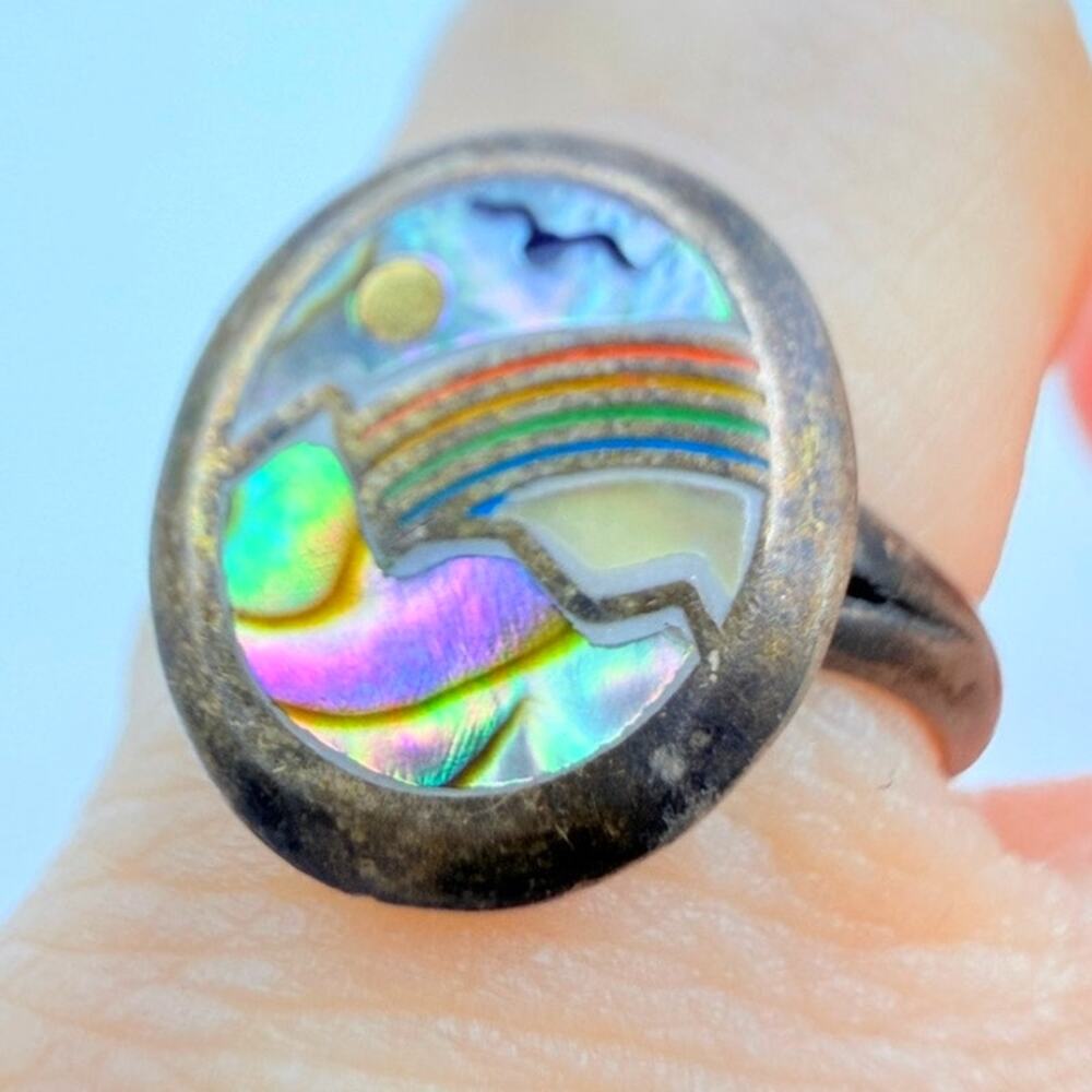 Vintage 925 Sterling Silver Abalone Inlay Rainbow Mountains Seagull Ring Size 5